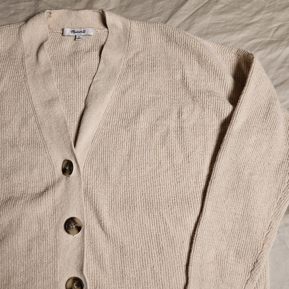 Madewell Birchmoor Cardigan Sweater Medium Cream Beige Cotton Blend Ribbed